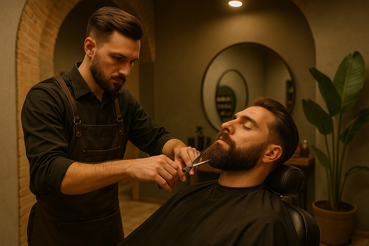 Barbero profesional arreglando una barba en la peluquería Feivèr Barber en Treviglio.